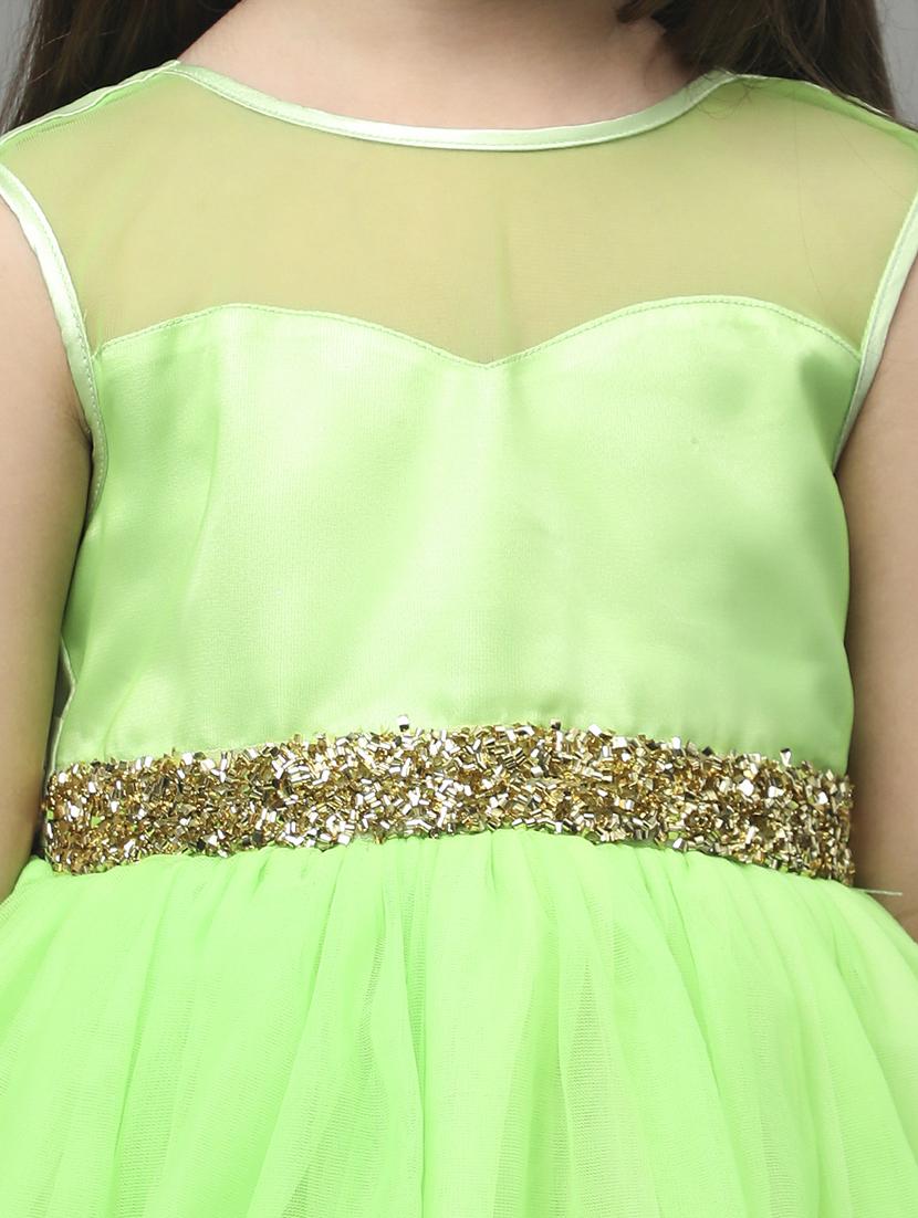 girls green self design high low detailed frock - 21067280 - Standard Image - 4