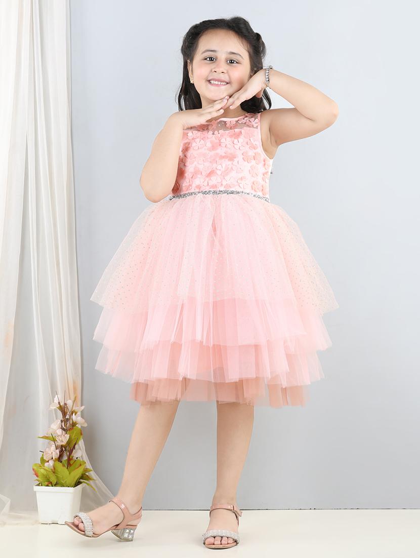 girls peach embellished net layered frock - 21067312 -  Standard Image - 1