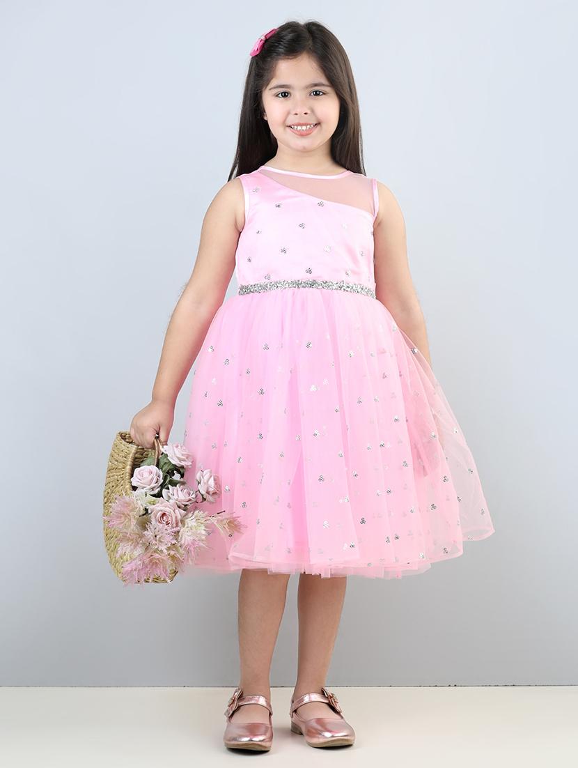 girls pink round neck net flare frock