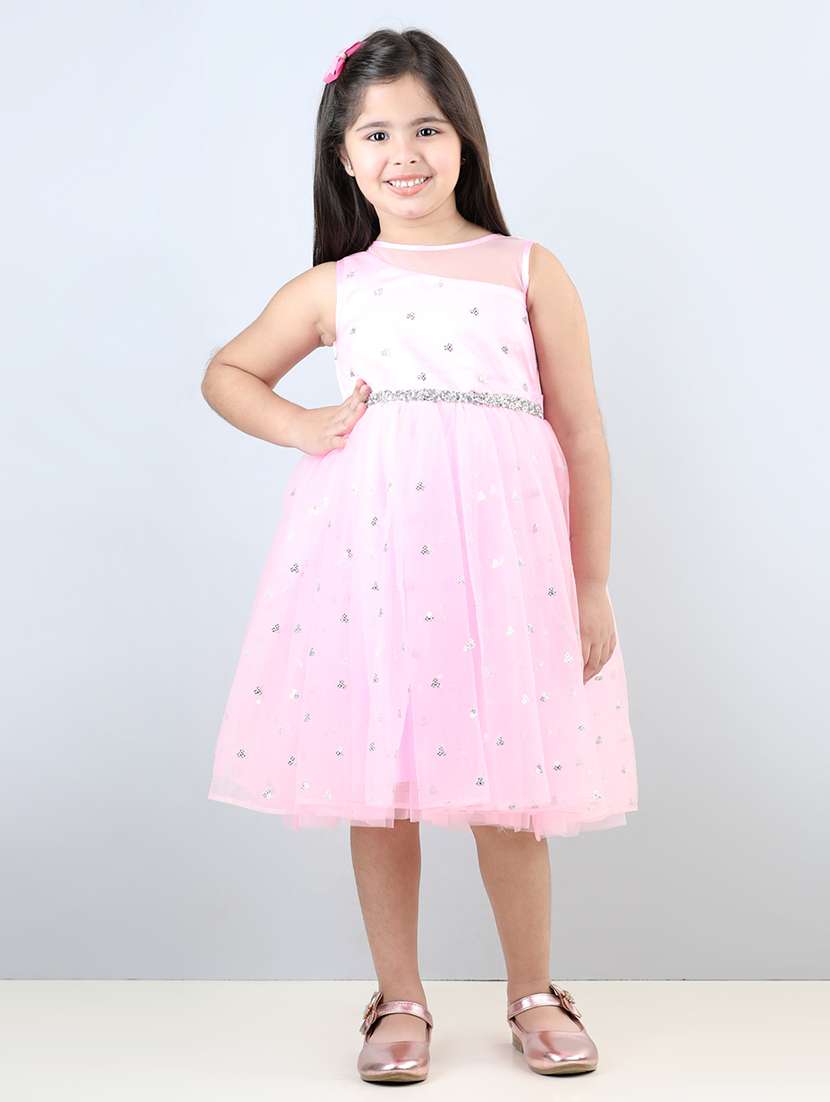 girls pink round neck net flare frock - 21067467 -  Standard Image - 1