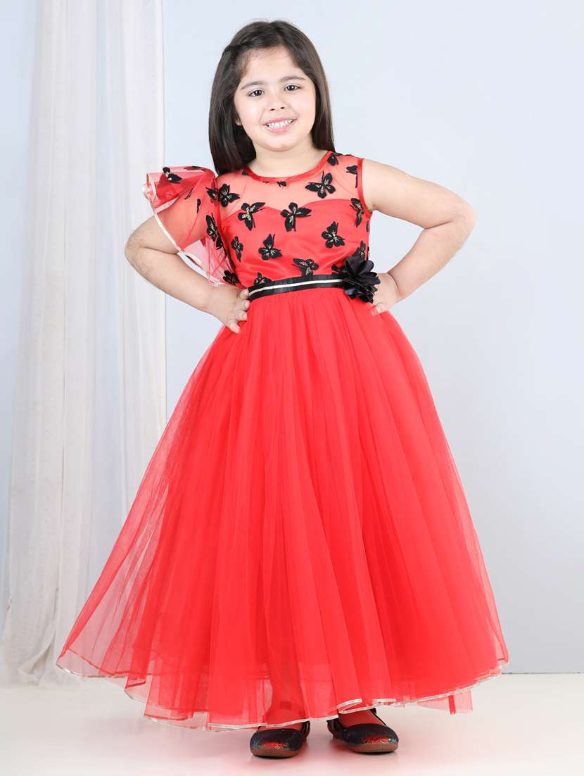 girls red self design detailed frock