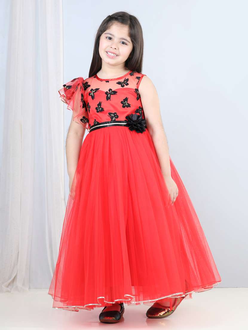 girls red self design detailed frock - 21067523 -  Standard Image - 1