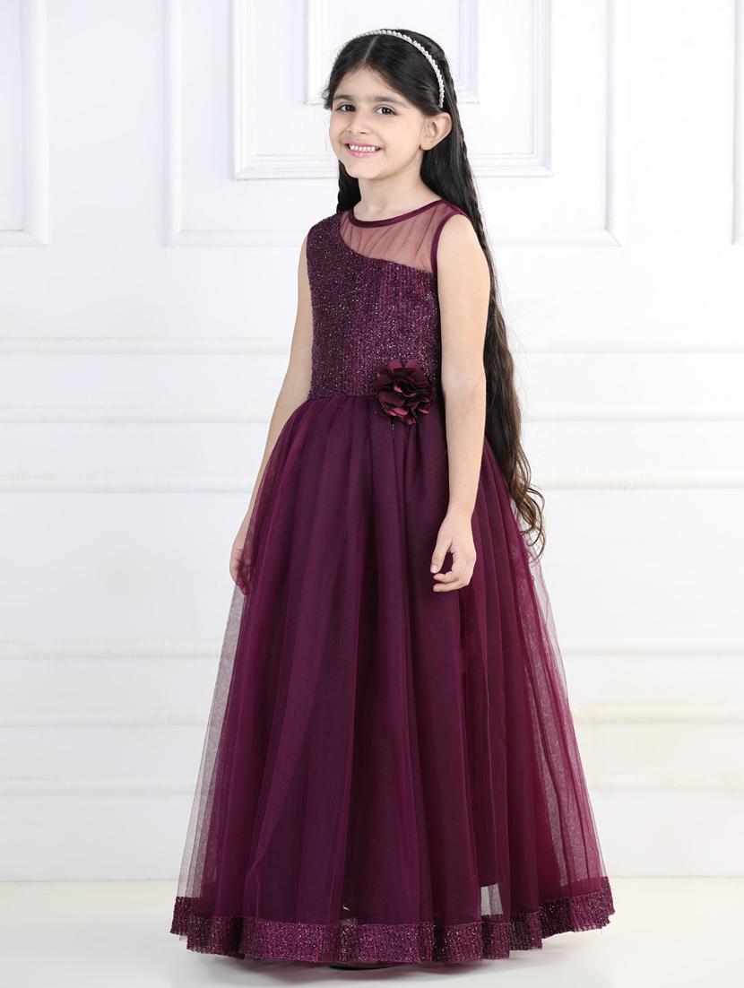 girls purple self design detailed frock - 21067581 - Standard Image - 1