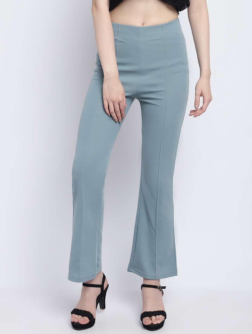 women solid sea green bootcut trouser