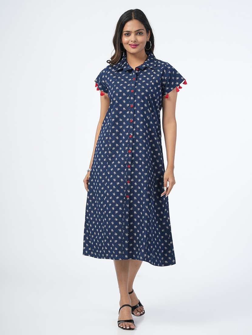navy blue floral printed a-line ethnic dress - 21067752 -  Standard Image - 1