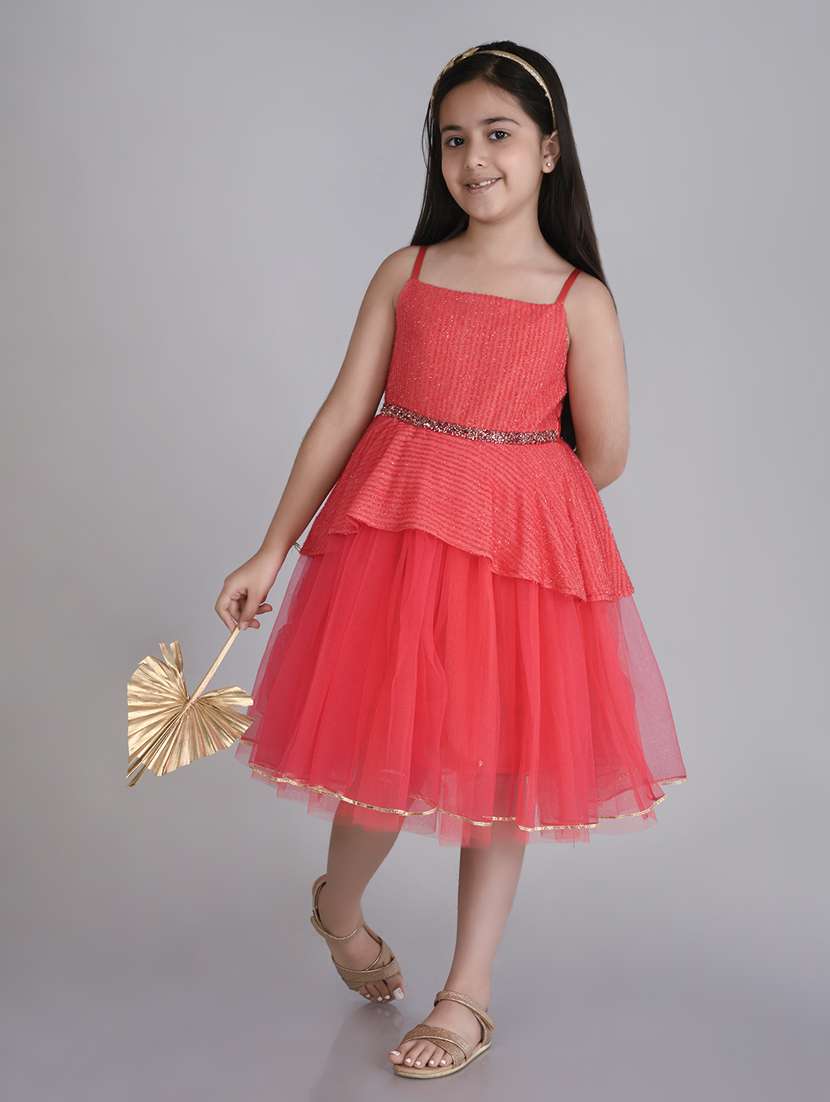 girls coral pink self design detailed frock - 21068498 -  Standard Image - 1