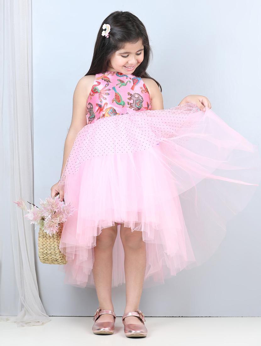 pink printed detailed high low detailed frock - 21069109 - Standard Image - 1