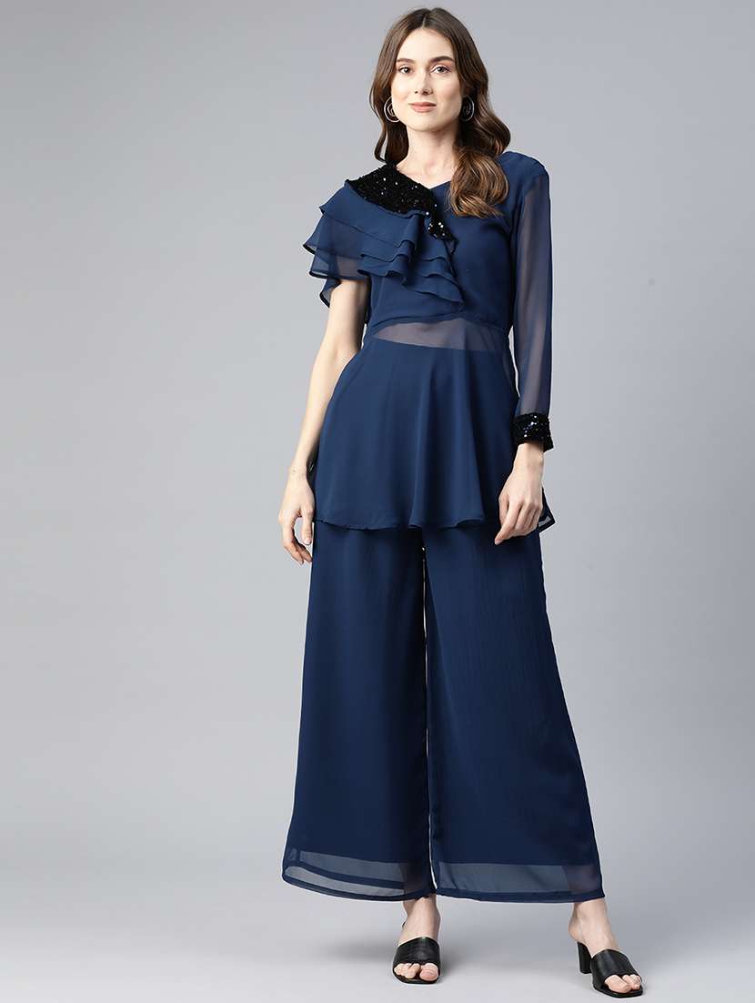 navy blue sequins work top & palazzo set - 21069199 -  Standard Image - 1