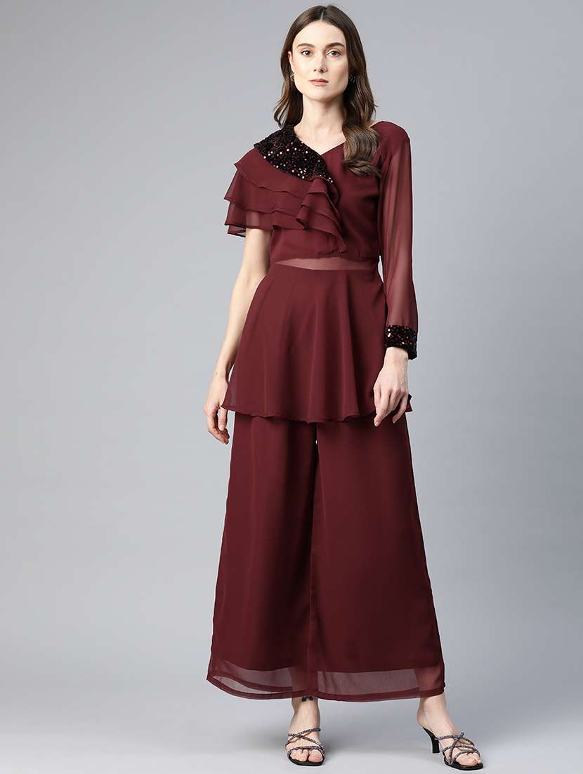 maroon sequins work top & palazzo set - 21069200 -  Standard Image - 1