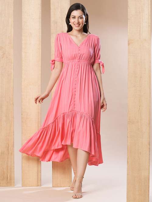 globus women pink v-neck puff sleeves high-low flared hem tiered a-line midi dress - 21069650 - Standard Image - 0