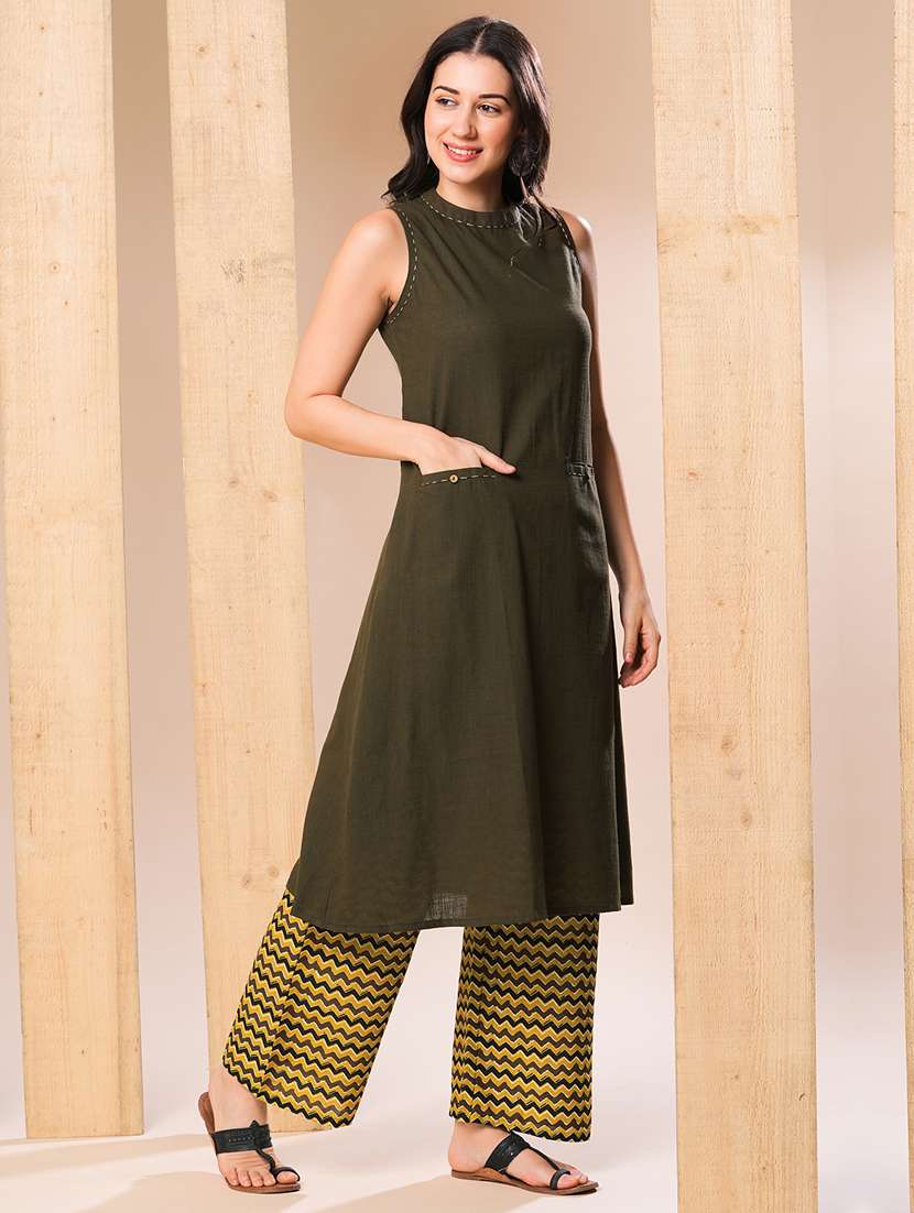 women olive solid kurta palazzo set - 21069656 -  Standard Image - 1