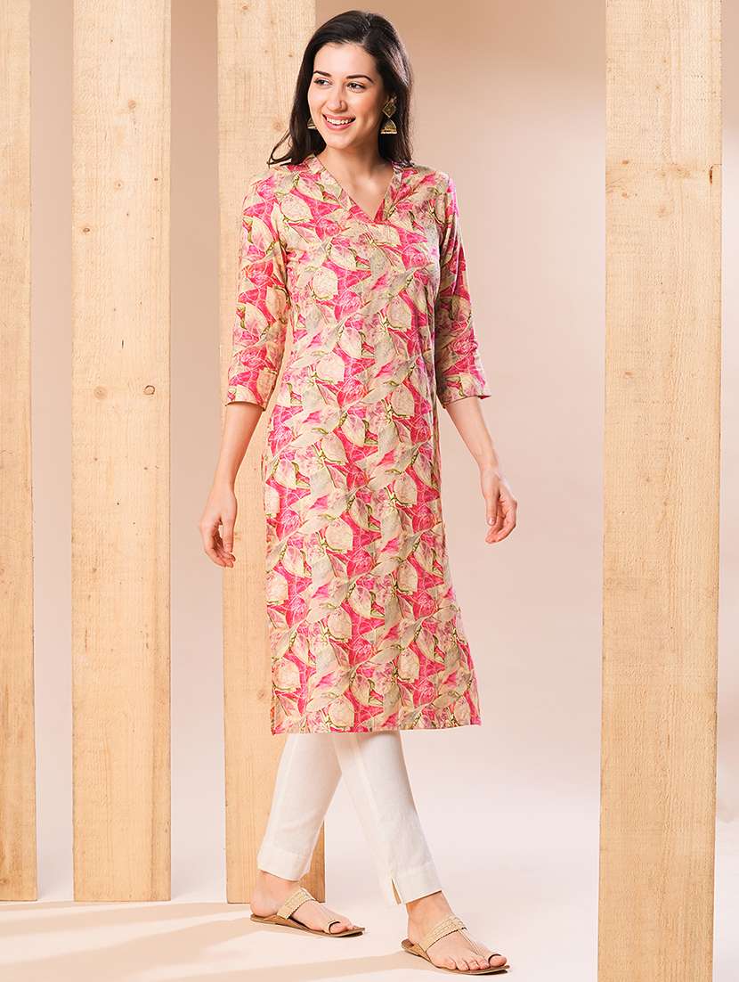 globus women pink allover printed & swarovski studded straight kurta - 21069692 - Standard Image - 1