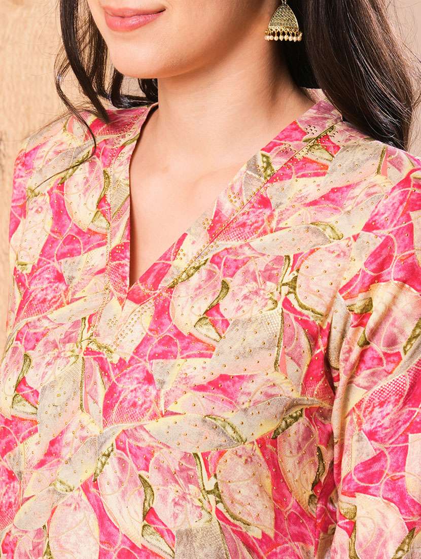 globus women pink allover printed & swarovski studded straight kurta - 21069692 - Standard Image - 4
