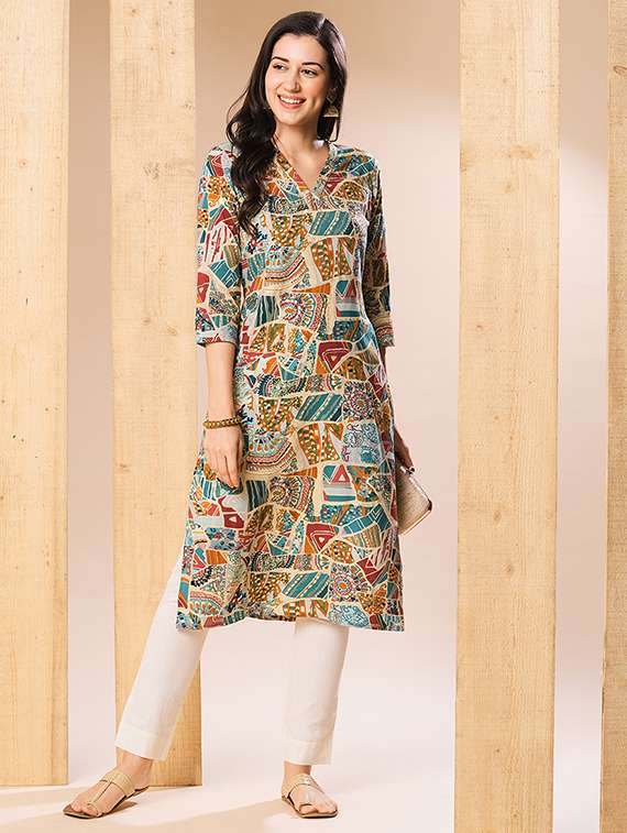 globus women multi allover printed & swarovski studded straight kurta