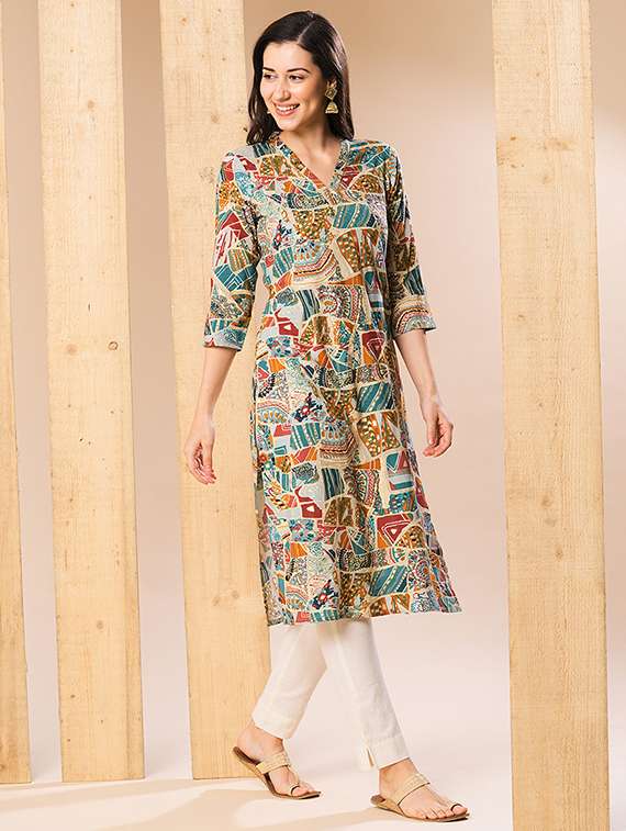 globus women multi allover printed & swarovski studded straight kurta - 21069693 - Standard Image - 1
