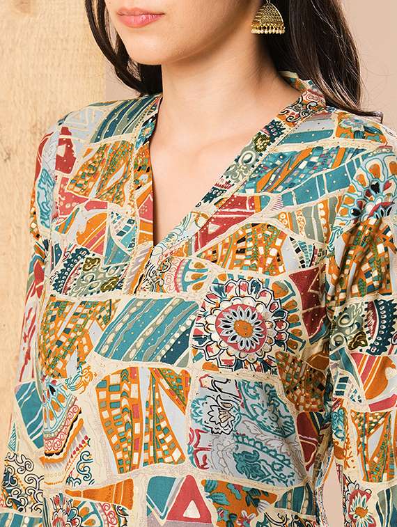 globus women multi allover printed & swarovski studded straight kurta - 21069693 - Standard Image - 4