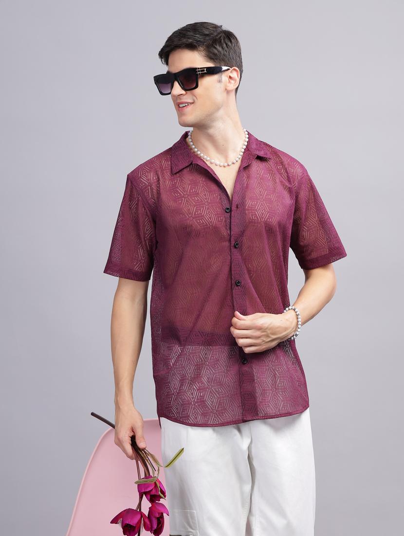 maroon regular lace shirt - 21070206 - Standard Image - 1