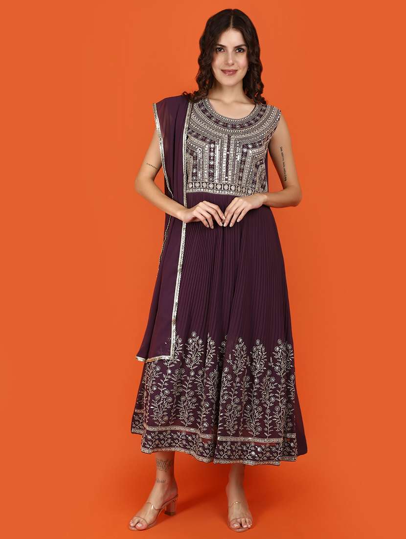 purple cotton empire line ethnic dress - 21070344 -  Standard Image - 1