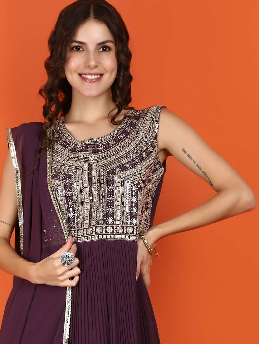 purple cotton empire line ethnic dress - 21070344 -  Standard Image - 4