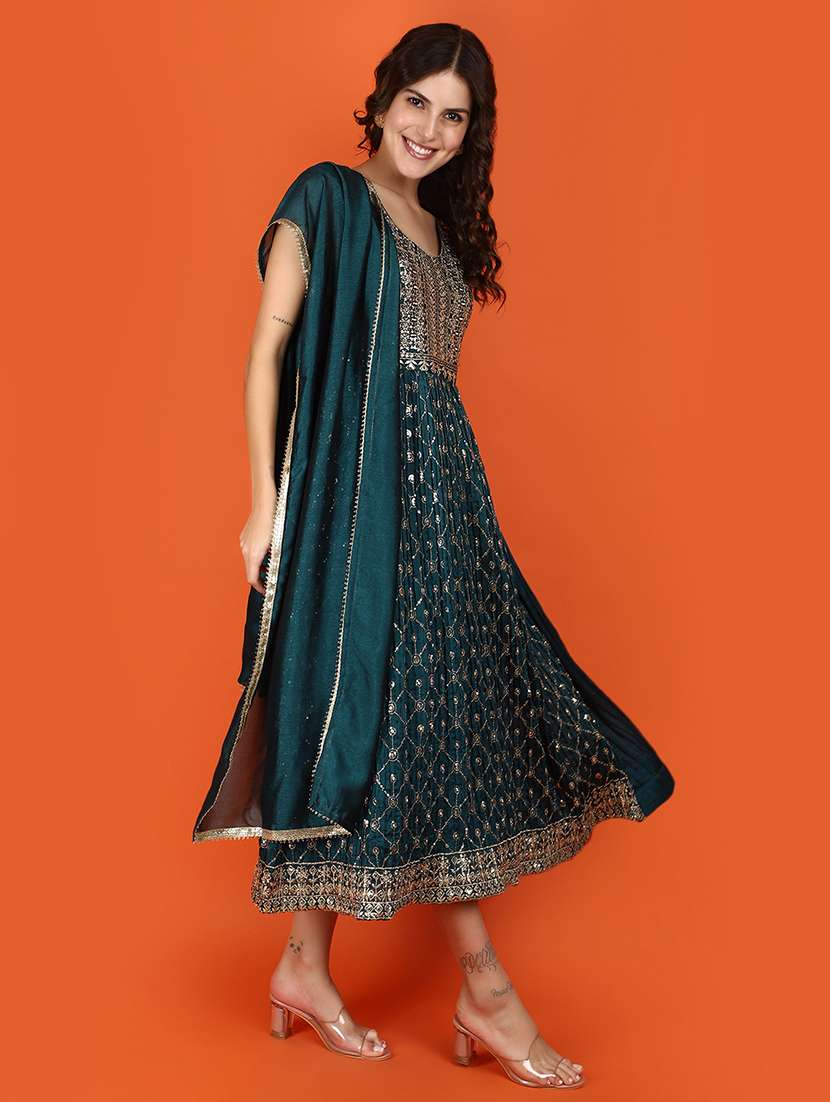 women green printed flared ethnic dress with dupatta - 21070346 -  Standard Image - 1