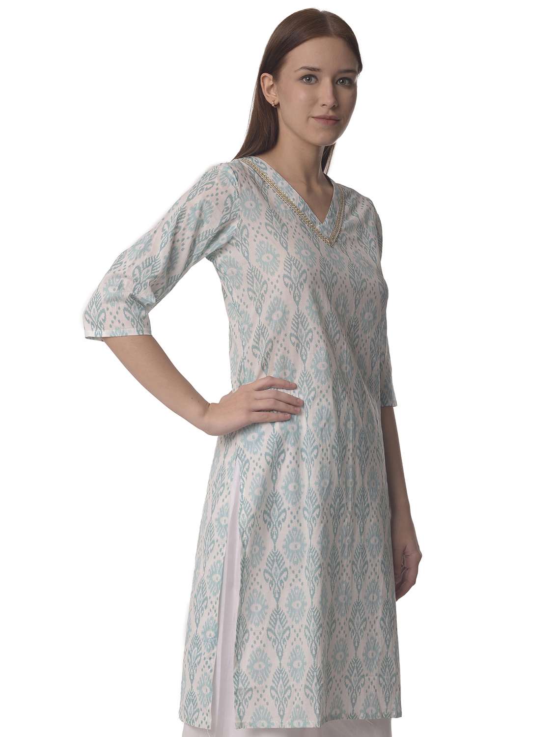 women three quarter sleeve straight kurta - 21070474 -  Standard Image - 1