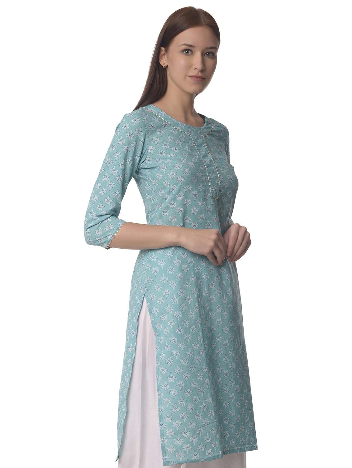 women three quarter sleeve straight kurta - 21070475 -  Standard Image - 1