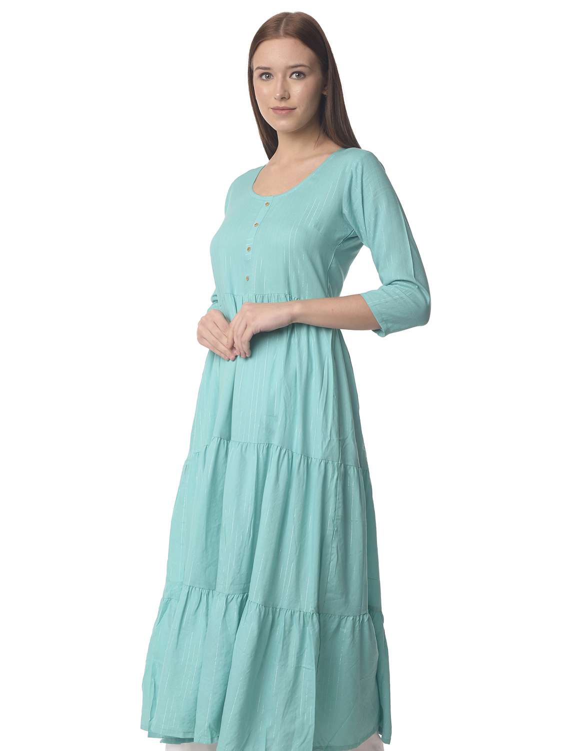 women three quarter sleeve tiered kurta - 21070486 -  Standard Image - 1