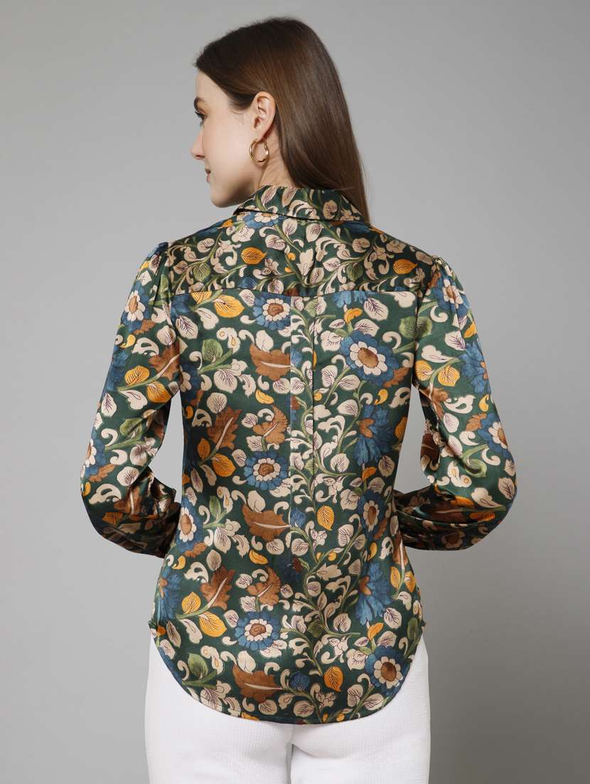 Green Floral Printed Detailed Casual Shirt