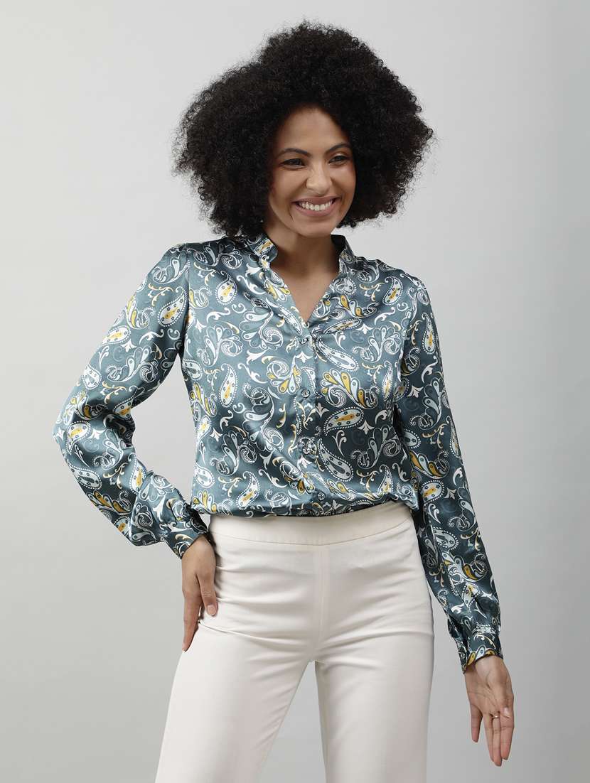 teal blue printed detailed casual shirt