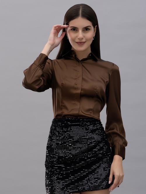 solid brown satin casual shirt - 21072211 -  Standard Image - 0