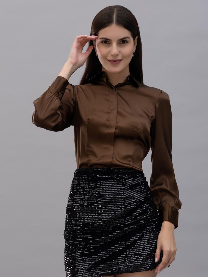 solid brown satin casual shirt - 21072211 -  Zoom Image - 0