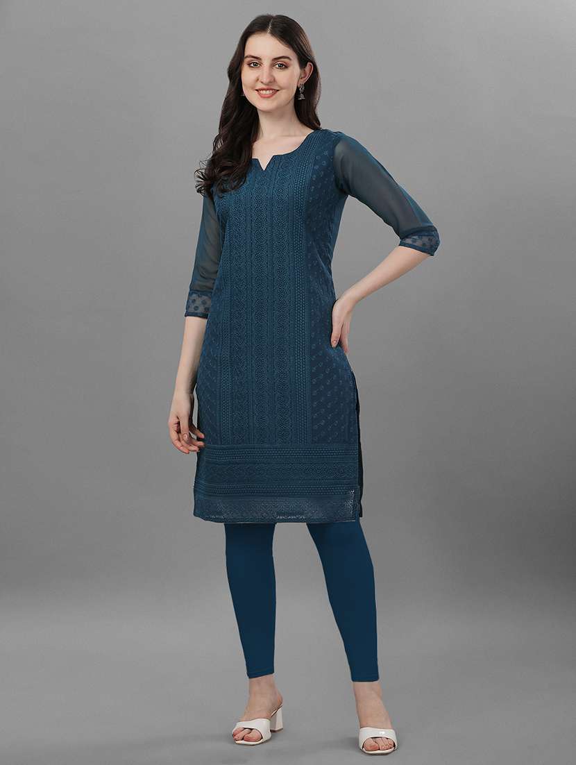 women teal notch neck straight kurta