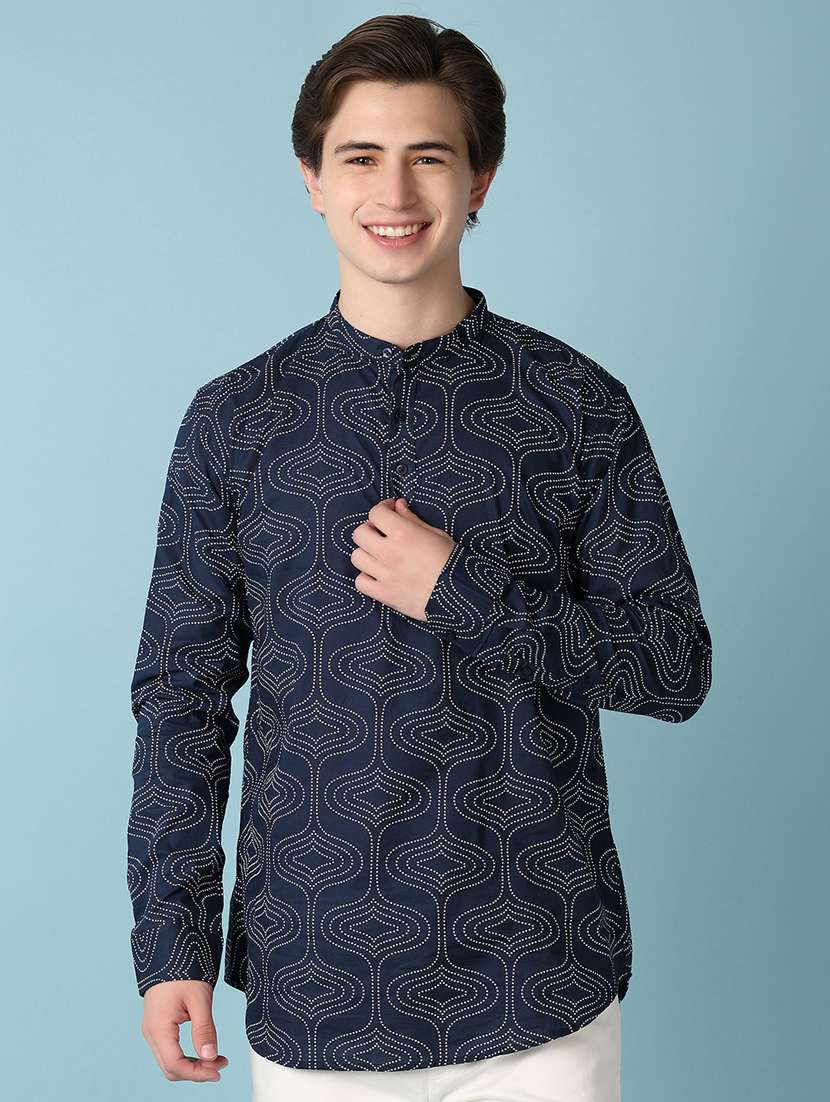 men printed mandarin neck short kurtas