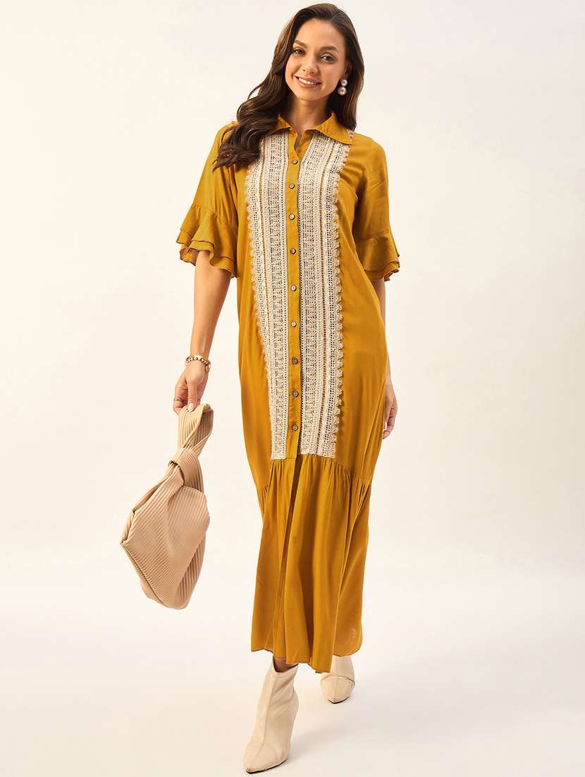 women mustard self design detailed dress