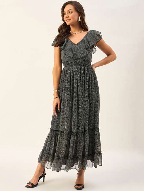 women black printed tiered detailed fit & flare dress - 21073334 -  Standard Image - 0