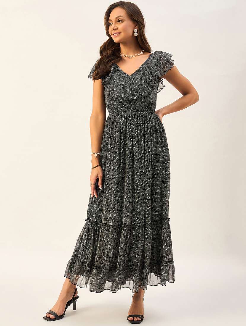 women black printed tiered detailed fit & flare dress