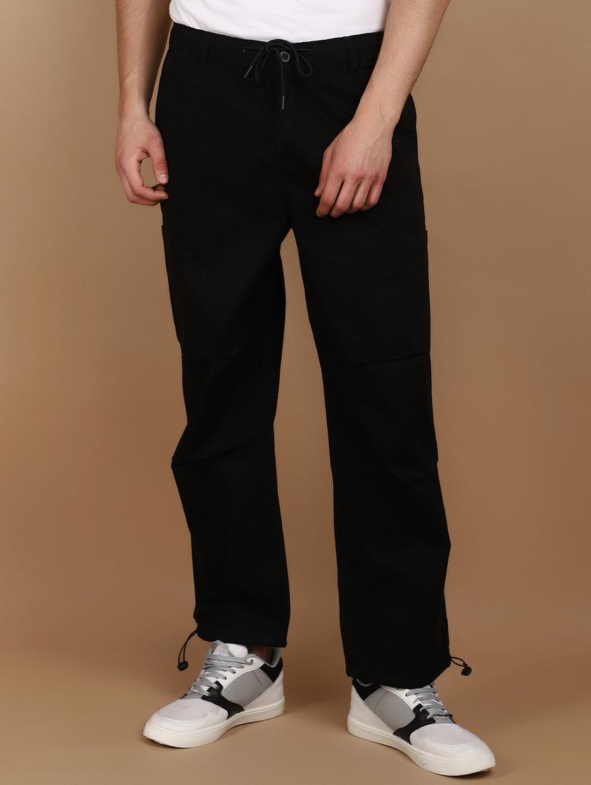 black cotton flat front casual trousers