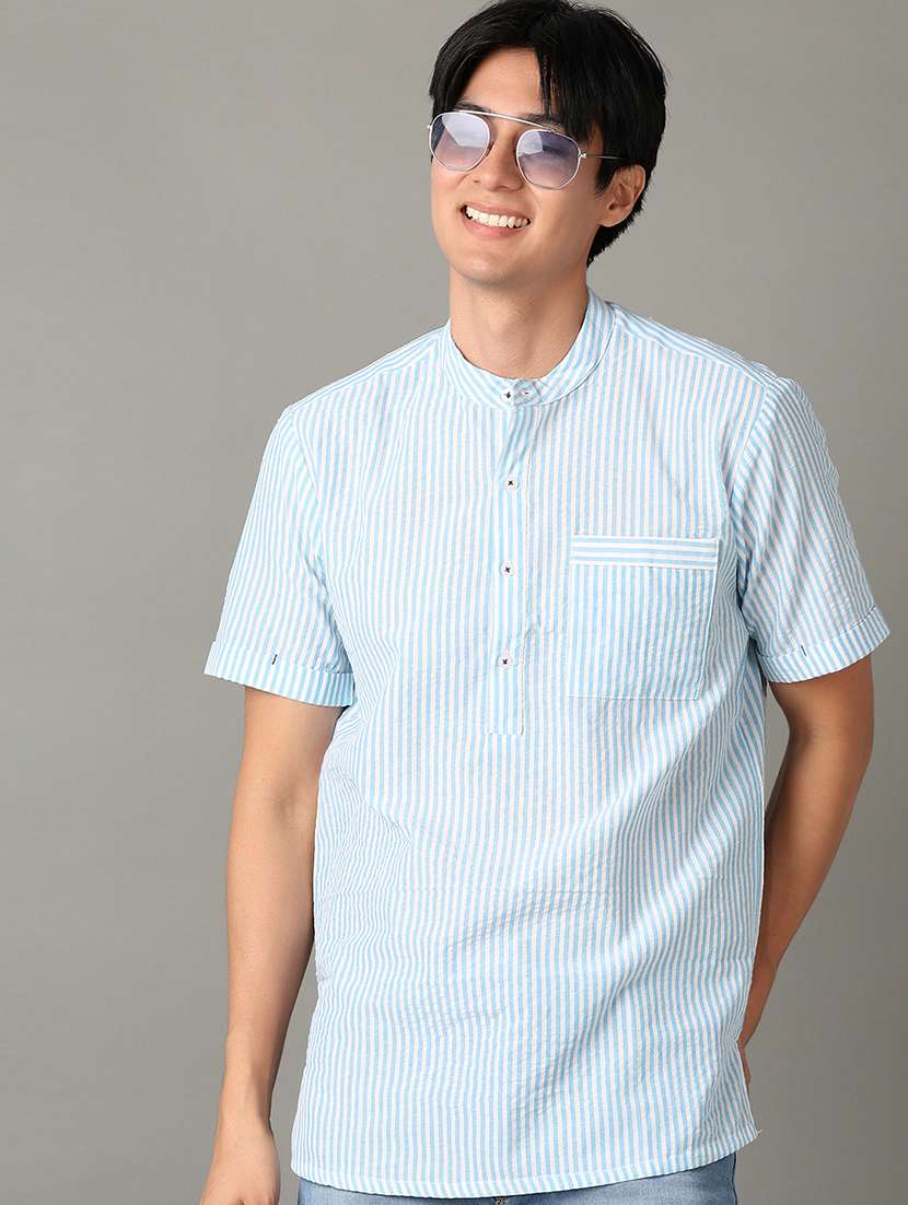 men mandarin neck striped short kurta - 21073972 -  Standard Image - 1