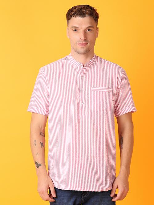 men mandarin neck striped short kurta - 21073974 -  Standard Image - 0
