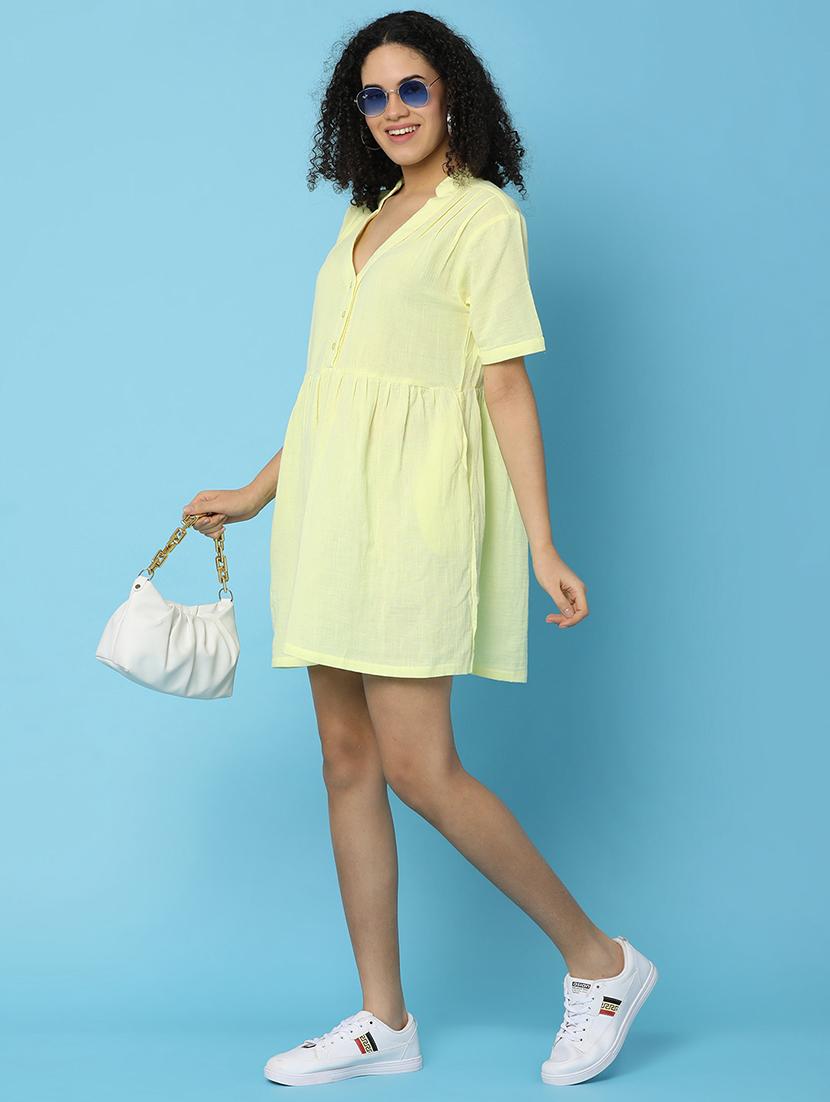 yellow cotton fit & flare dress - 21074011 - Standard Image - 1
