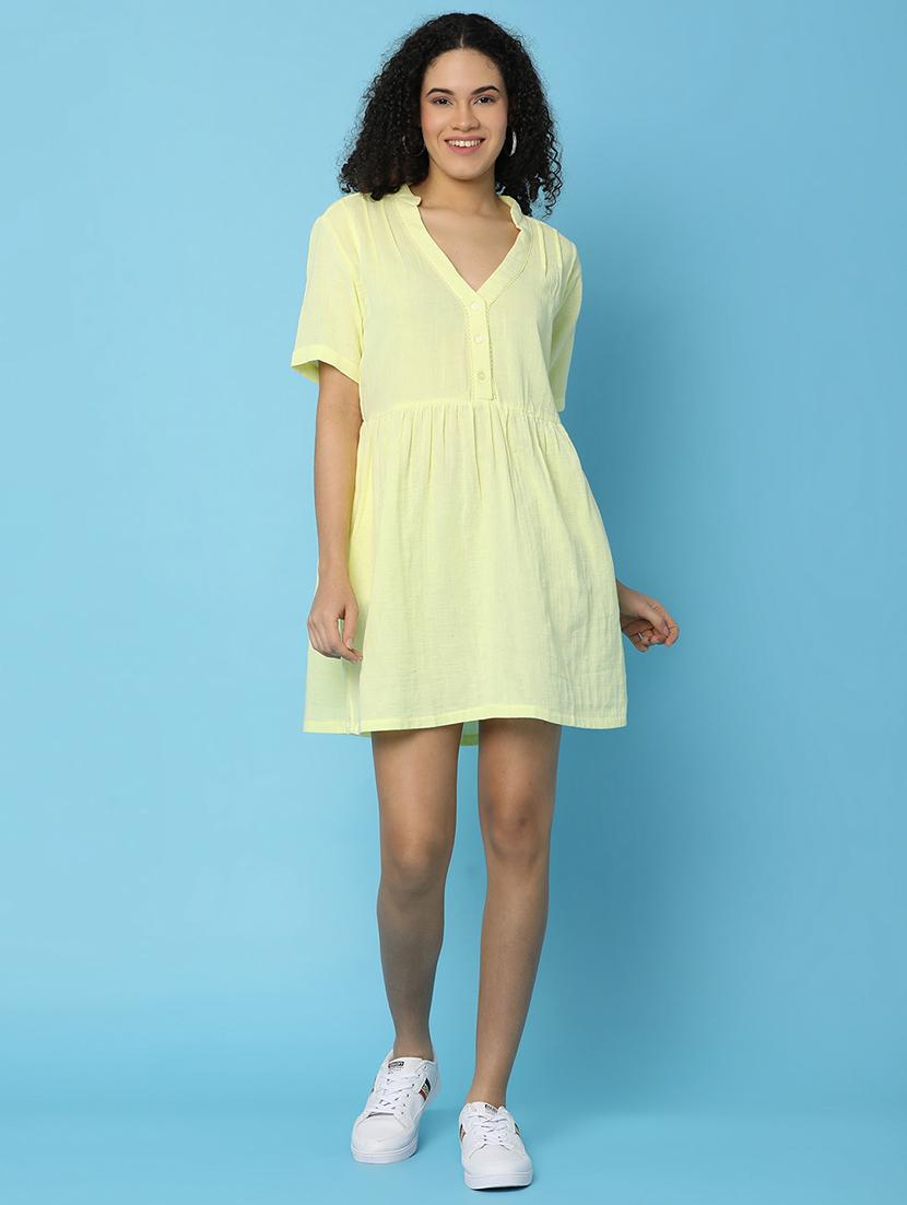 yellow cotton fit & flare dress - 21074011 - Standard Image - 4