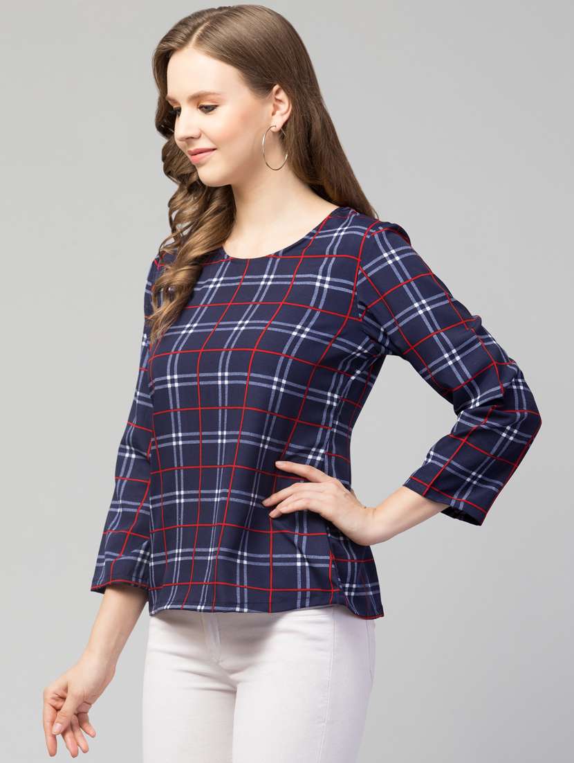 women navy blue checked printed regular top - 21074466 -  Standard Image - 1