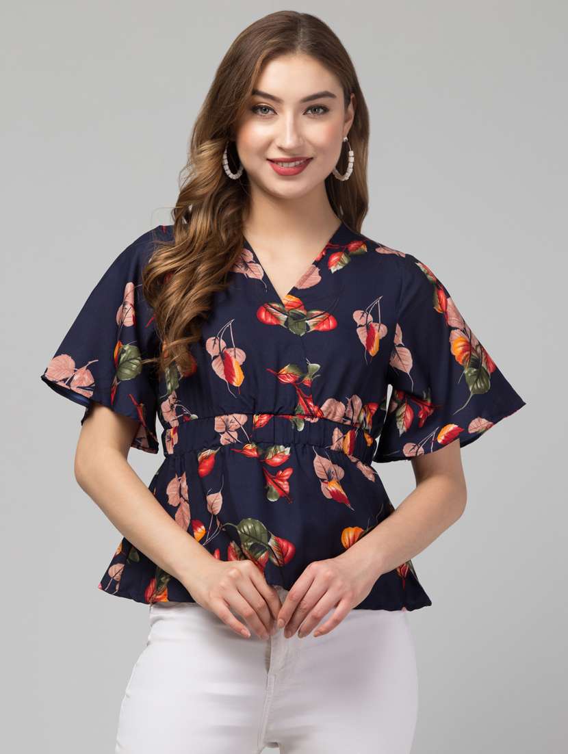 women navy blue floral printed peplum top
