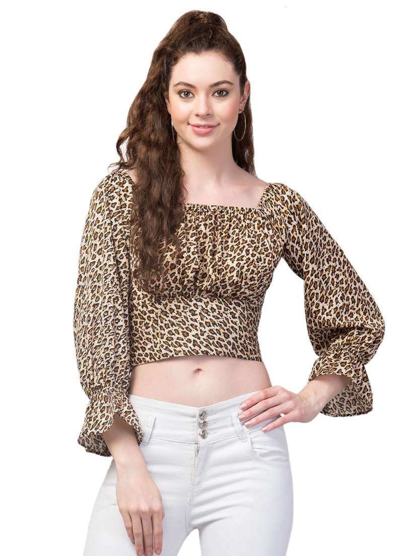 women brown printed crop top