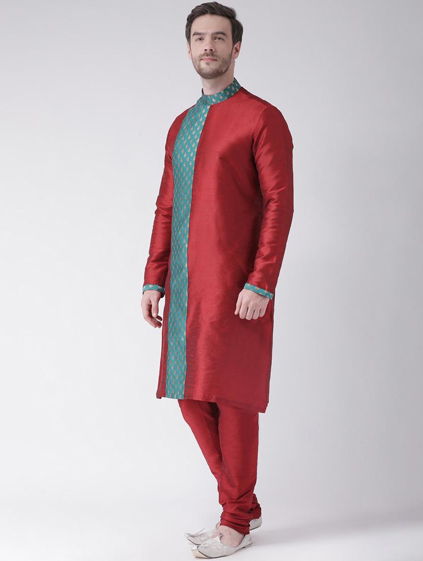 men overlap neck color block long kurta - 21075631 - Standard Image - 1