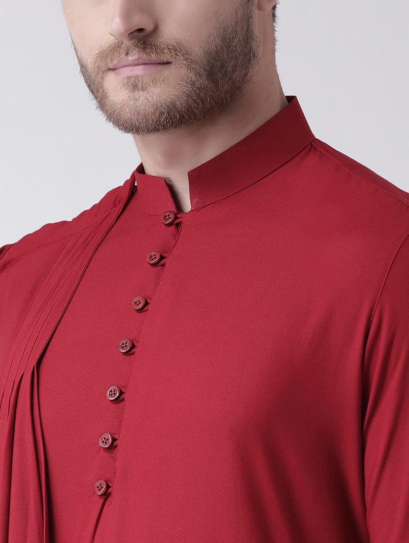 men solid red draped detailed kurta & churidar set - 21078291 - Standard Image - 4