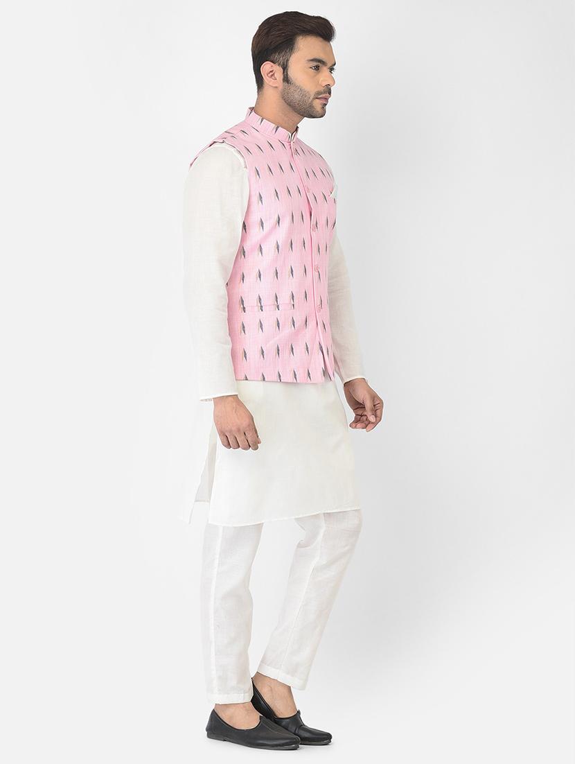 men pink & white printed kurta jacket & trouser set - 21079088 - Standard Image - 1