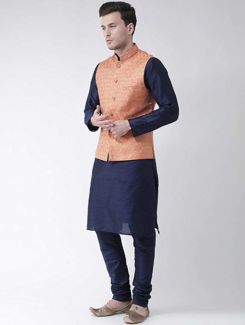 men navy blue self design detailed kurta jacket & pyjama set - 21079426 -  Standard Image - 1