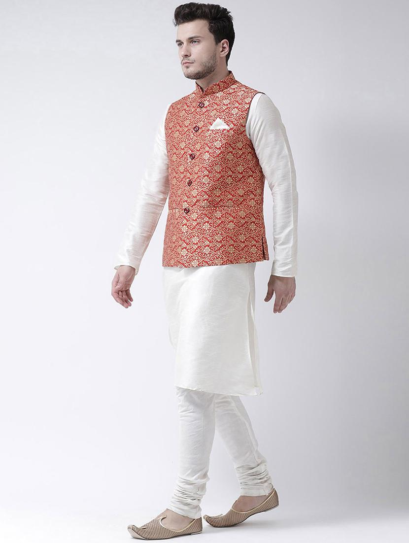 men white kurta churidar ethnic wear set with jacket - 21079435 - Standard Image - 1