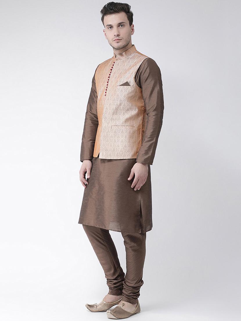 men brown self design detailed kurta jacket & pyjama set - 21079463 - Standard Image - 1